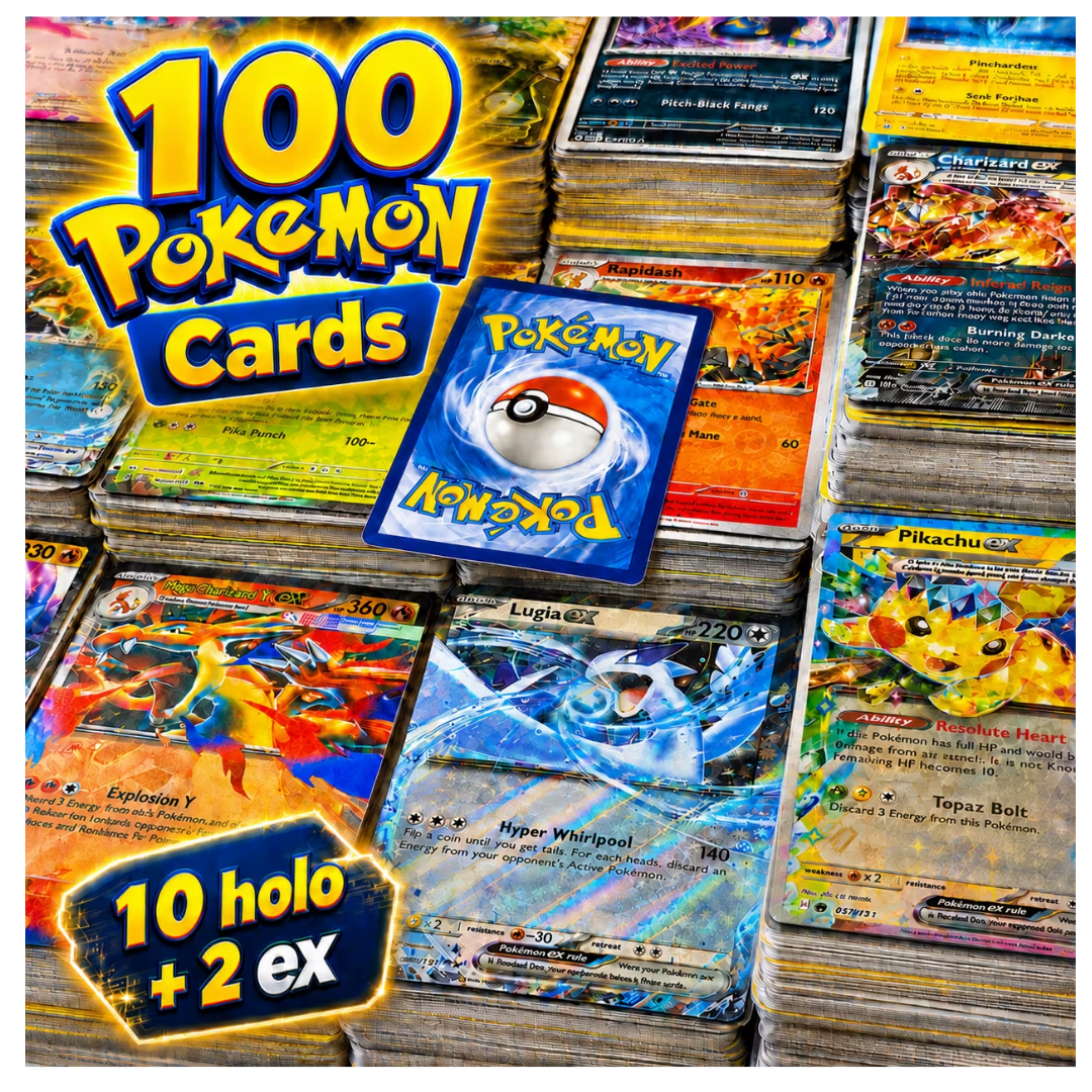 102 Pokémon TCG English Card Lot - 2 Guaranteed Ultra/Double Rare EX Cards, 10 Holo/Reverse Holos & 90 Commons/Uncommons