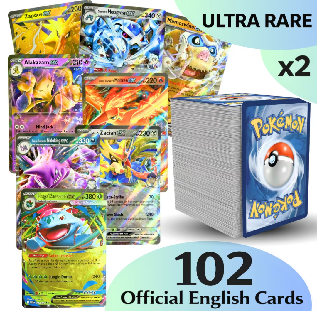 102 Pokémon TCG English Card Lot - 2 Guaranteed Ultra/Double Rare EX Cards, 10 Holo/Reverse Holos & 90 Commons/Uncommons