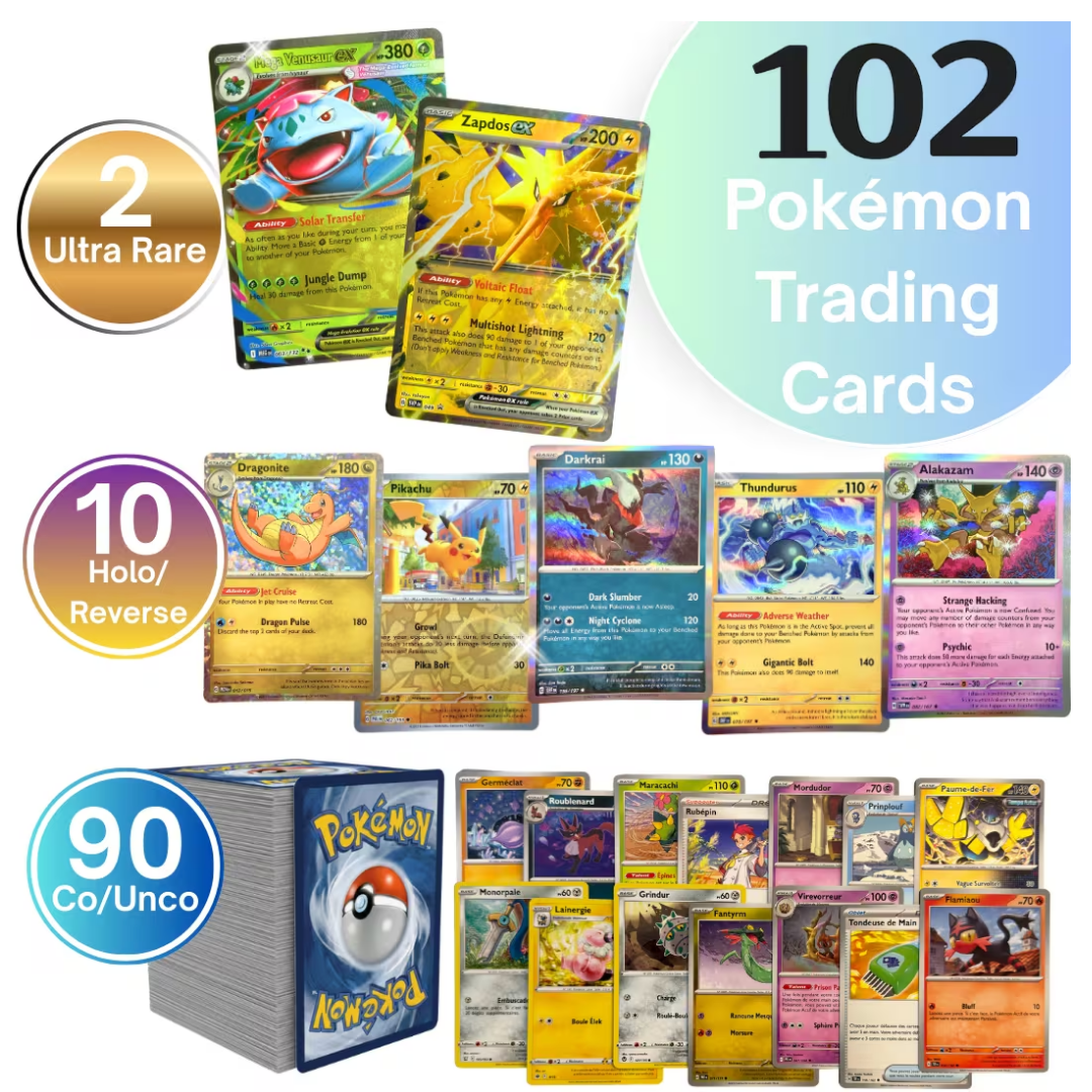 102 Pokémon TCG English Card Lot - 2 Guaranteed Ultra/Double Rare EX Cards, 10 Holo/Reverse Holos & 90 Commons/Uncommons