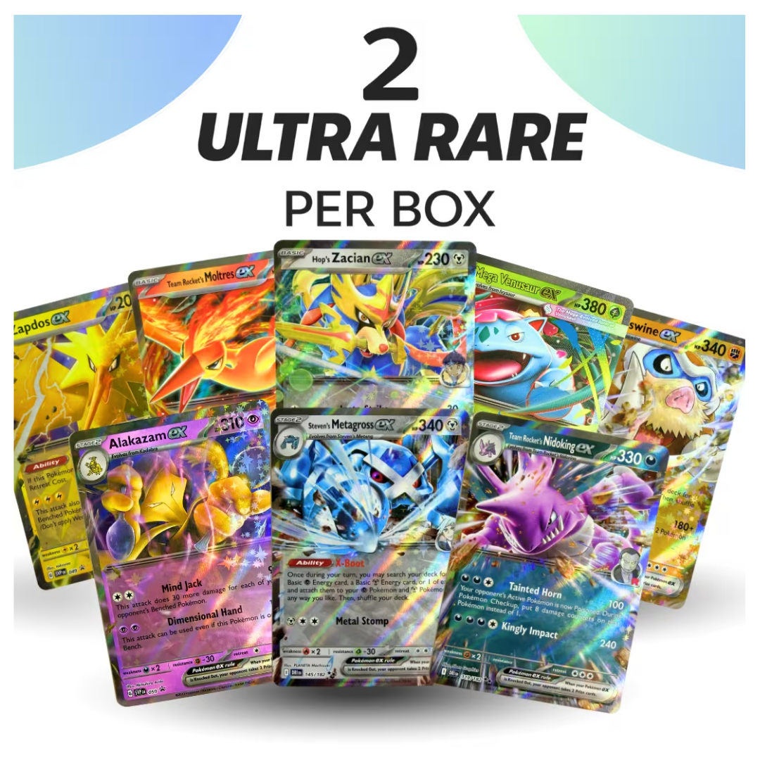 102 Pokémon TCG English Card Lot - 2 Guaranteed Ultra/Double Rare EX Cards, 10 Holo/Reverse Holos & 90 Commons/Uncommons