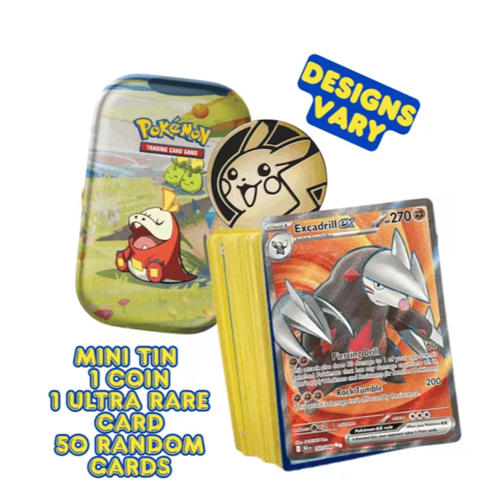 Pokémon TCG Mini Tin Bundle Lot - 50 Assorted Cards, 1 Guaranteed Ultra Rare & 1 Official Game Coin