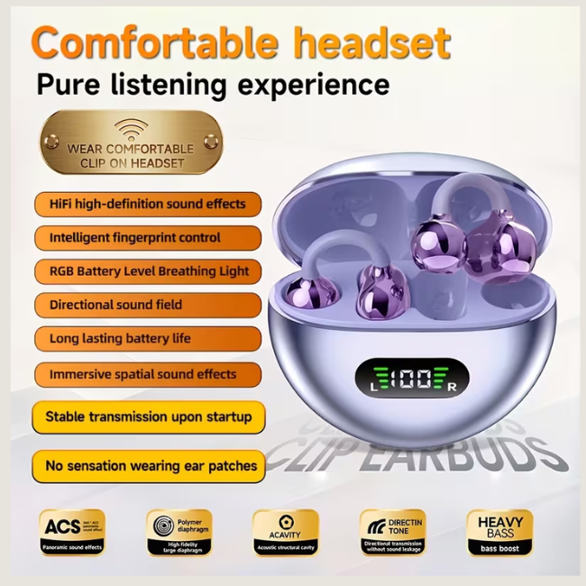 Senyang TWS Open-Ear Clip-On Wireless Sports Headphones - Bluetooth 5.4, Deep Bass, HD Call Noise Reduction & Sweatproof Ear Hook Design