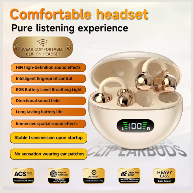 Senyang TWS Open-Ear Clip-On Wireless Sports Headphones - Bluetooth 5.4, Deep Bass, HD Call Noise Reduction & Sweatproof Ear Hook Design