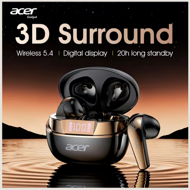 Acer TWS Wireless Bluetooth 5.4 Earphones - 3D Surround Sound, LED Digital Power Display, Call Noise Reduction & 20H Battery Life