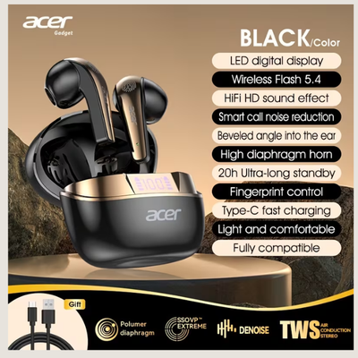 Acer TWS Wireless Bluetooth 5.4 Earphones - 3D Surround Sound, LED Digital Power Display, Call Noise Reduction & 20H Battery Life