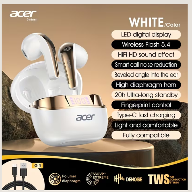 Acer TWS Wireless Bluetooth 5.4 Earphones - 3D Surround Sound, LED Digital Power Display, Call Noise Reduction & 20H Battery Life