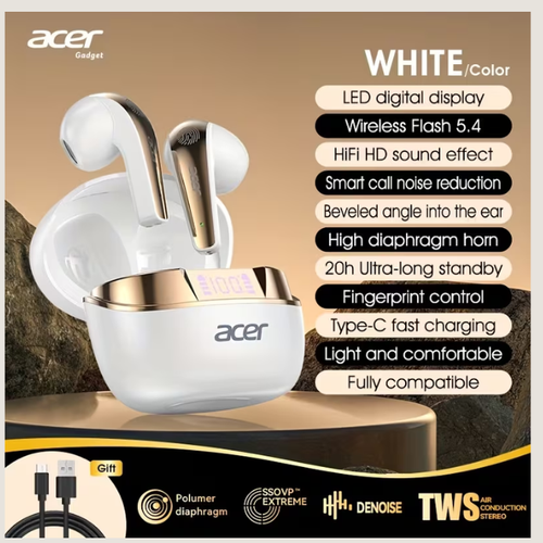 Acer TWS Wireless Bluetooth 5.4 Earphones - 3D Surround Sound, LED Digital Power Display, Call Noise Reduction & 20H Battery Life