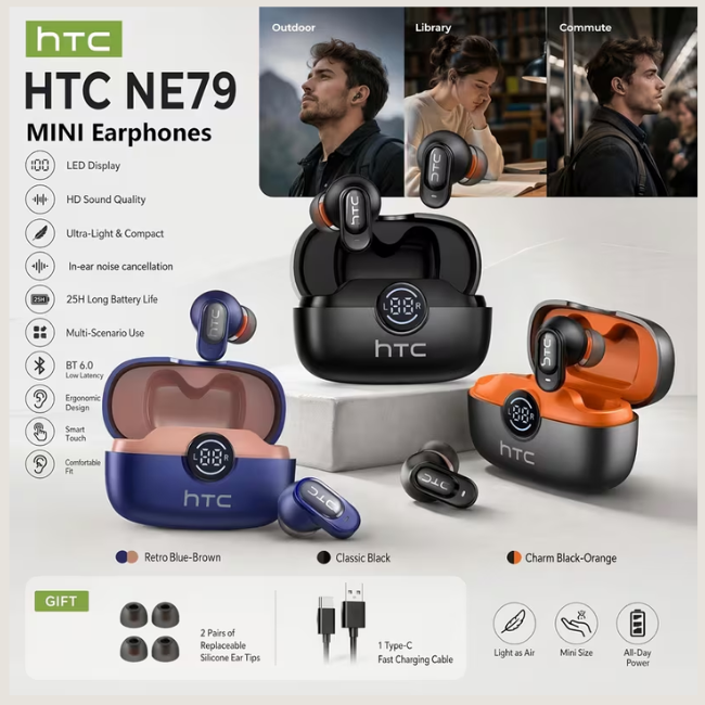 HTC NE79 Mini True Wireless Earbuds – In-Ear Noise Cancelling, Lightweight Comfort, Long Battery Life & Premium Sound for Sports & Gaming