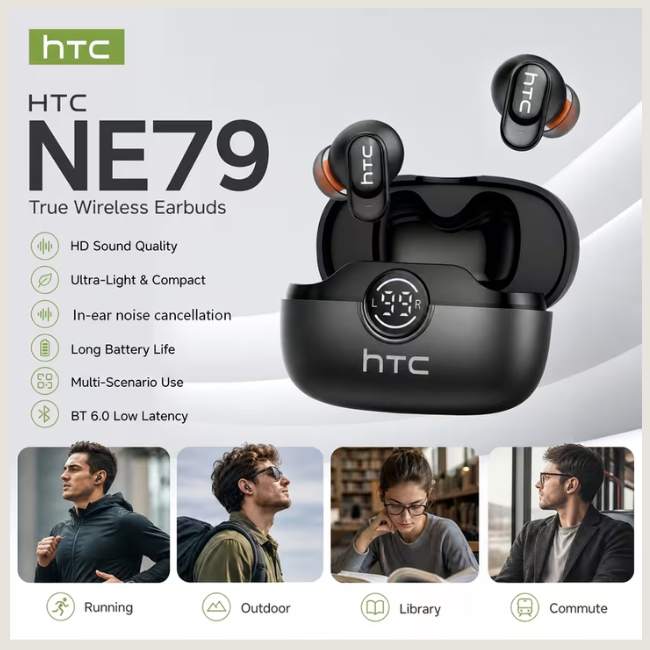 HTC NE79 Mini True Wireless Earbuds – In-Ear Noise Cancelling, Lightweight Comfort, Long Battery Life & Premium Sound for Sports & Gaming