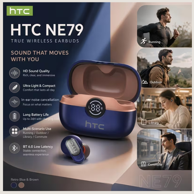 HTC NE79 Mini True Wireless Earbuds – In-Ear Noise Cancelling, Lightweight Comfort, Long Battery Life & Premium Sound for Sports & Gaming