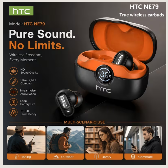 HTC NE79 Mini True Wireless Earbuds – In-Ear Noise Cancelling, Lightweight Comfort, Long Battery Life & Premium Sound for Sports & Gaming