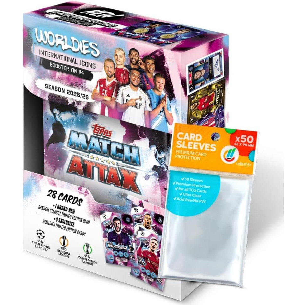 Topps Match Attax Champions League 2025/26 Bundle - International Icons Mini Tin with Exclusive Card Sleeves