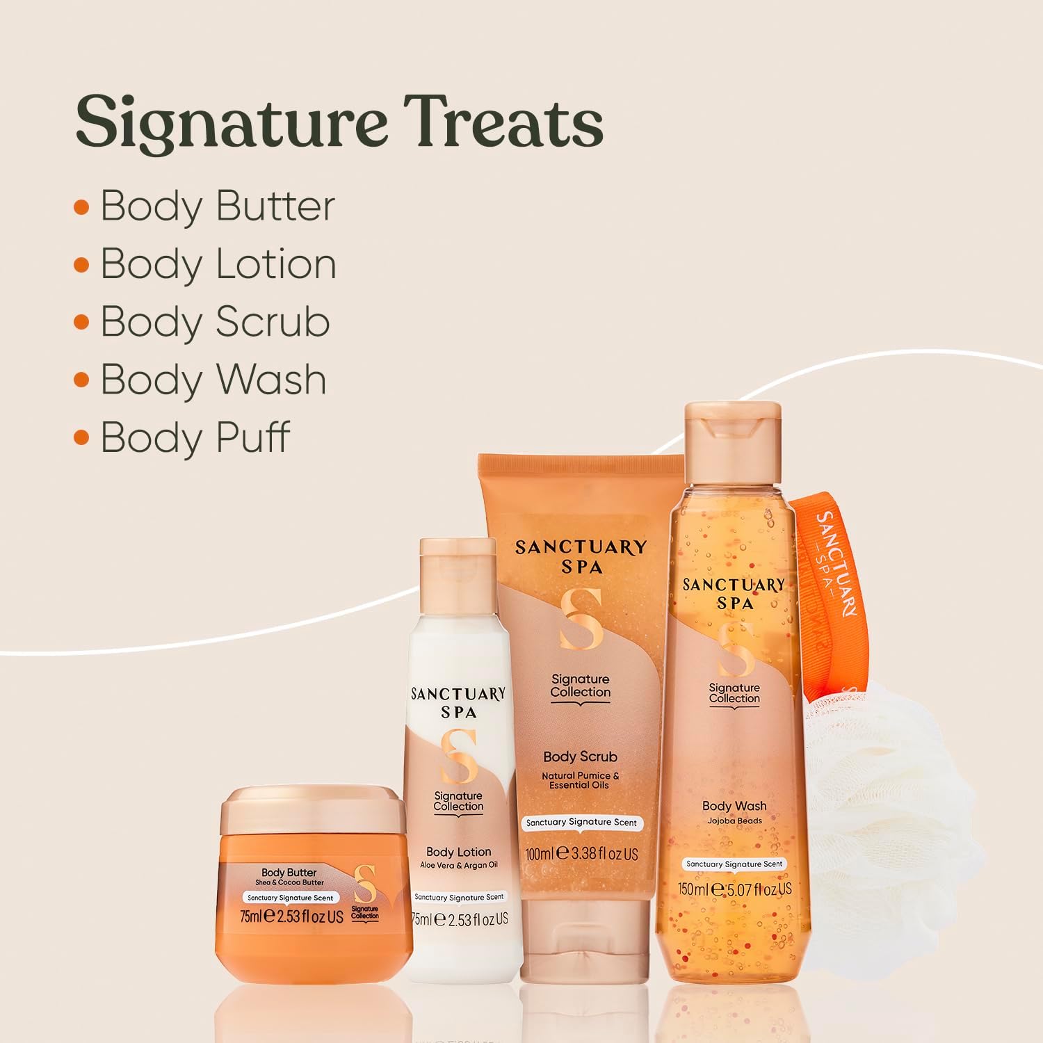 Sanctuary Spa Signature Treats Gift Set for Women – Vegan Body Wash, Body Scrub, Body Lotion, Body Butter, Body Puff & Travel Bag – Hydrating Luxury Pamper & Self‑Care Birthday Gift