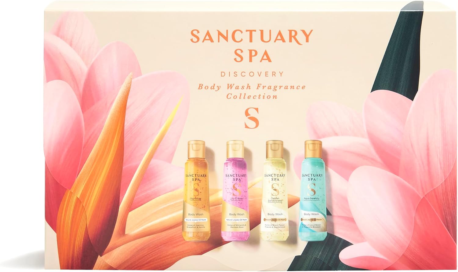 Sanctuary Spa Body Wash Gift Set, Discovery Collection of 4 Travel‑Size Body Washes (Aqua Serenity, Golden Sandalwood, Lily & Rose, Signature), Vegan, 95% Natural, Cruelty Free, 300ml