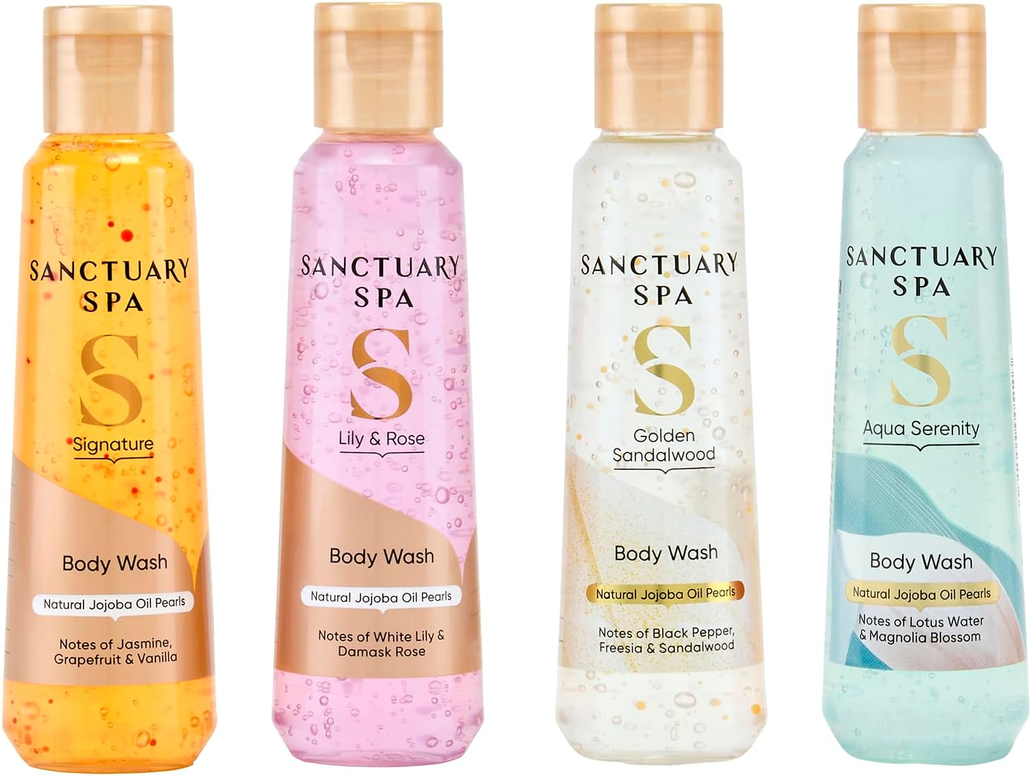 Sanctuary Spa Body Wash Gift Set, Discovery Collection of 4 Travel‑Size Body Washes (Aqua Serenity, Golden Sandalwood, Lily & Rose, Signature), Vegan, 95% Natural, Cruelty Free, 300ml