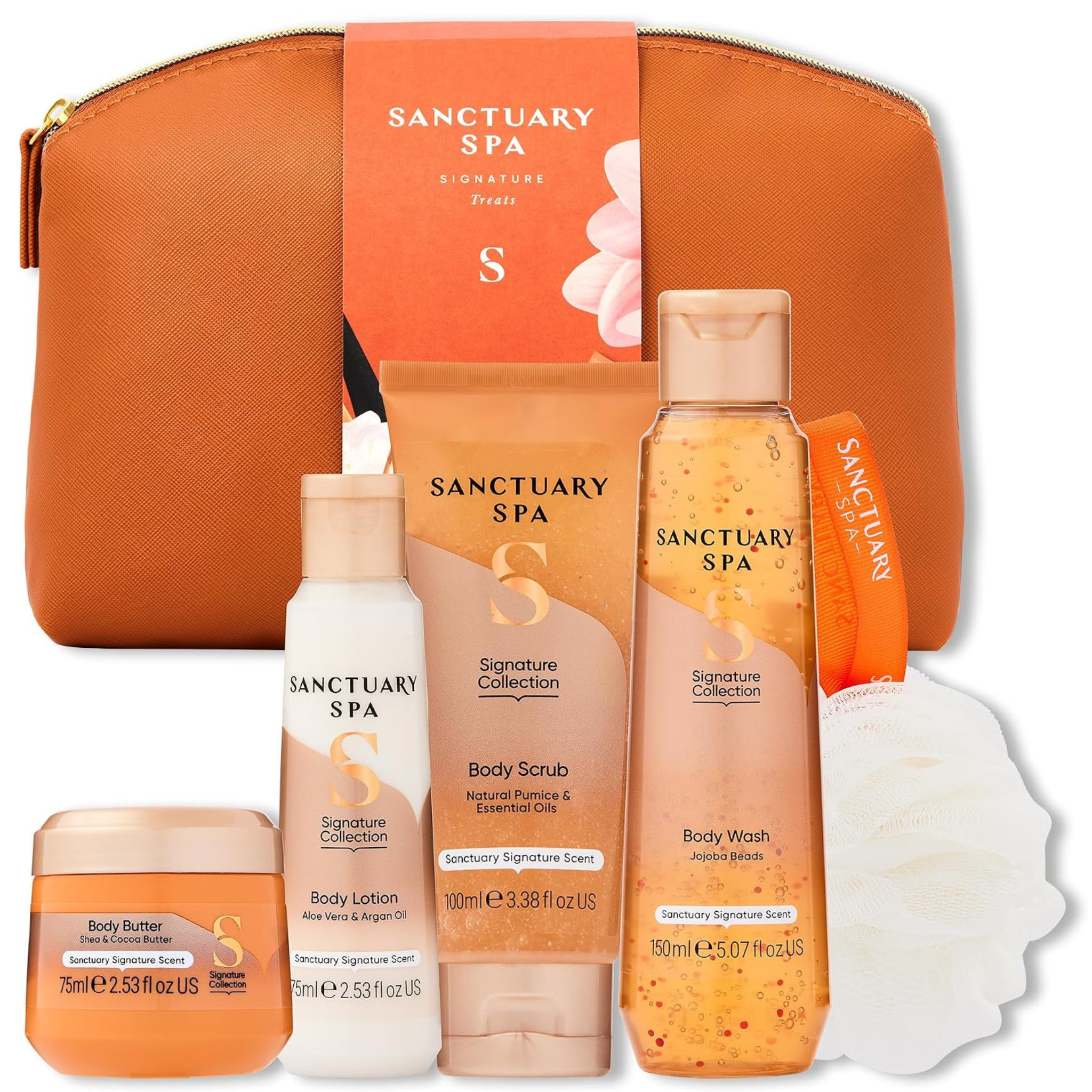 Sanctuary Spa Signature Treats Gift Set for Women – Vegan Body Wash, Body Scrub, Body Lotion, Body Butter, Body Puff & Travel Bag – Hydrating Luxury Pamper & Self‑Care Birthday Gift