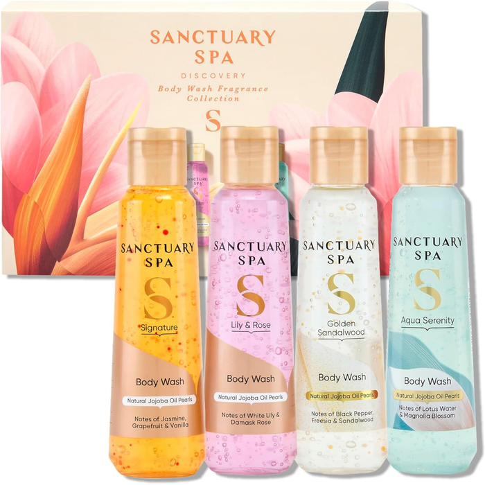 Sanctuary Spa Body Wash Gift Set, Discovery Collection of 4 Travel‑Size Body Washes (Aqua Serenity, Golden Sandalwood, Lily & Rose, Signature), Vegan, 95% Natural, Cruelty Free, 300ml