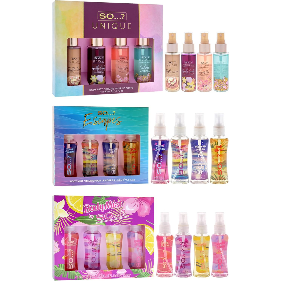 So…? Summer Escapes, Body Mist by So…? & Unique Womens Gift Sets Bundle, Body Mist Fragrance Spray (4x50ml) Pack of 3