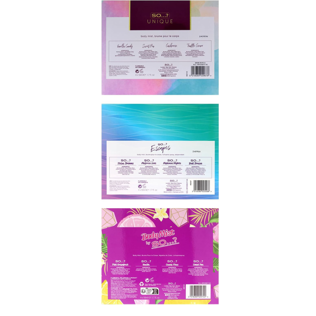So…? Summer Escapes, Body Mist by So…? & Unique Womens Gift Sets Bundle, Body Mist Fragrance Spray (4x50ml) Pack of 3