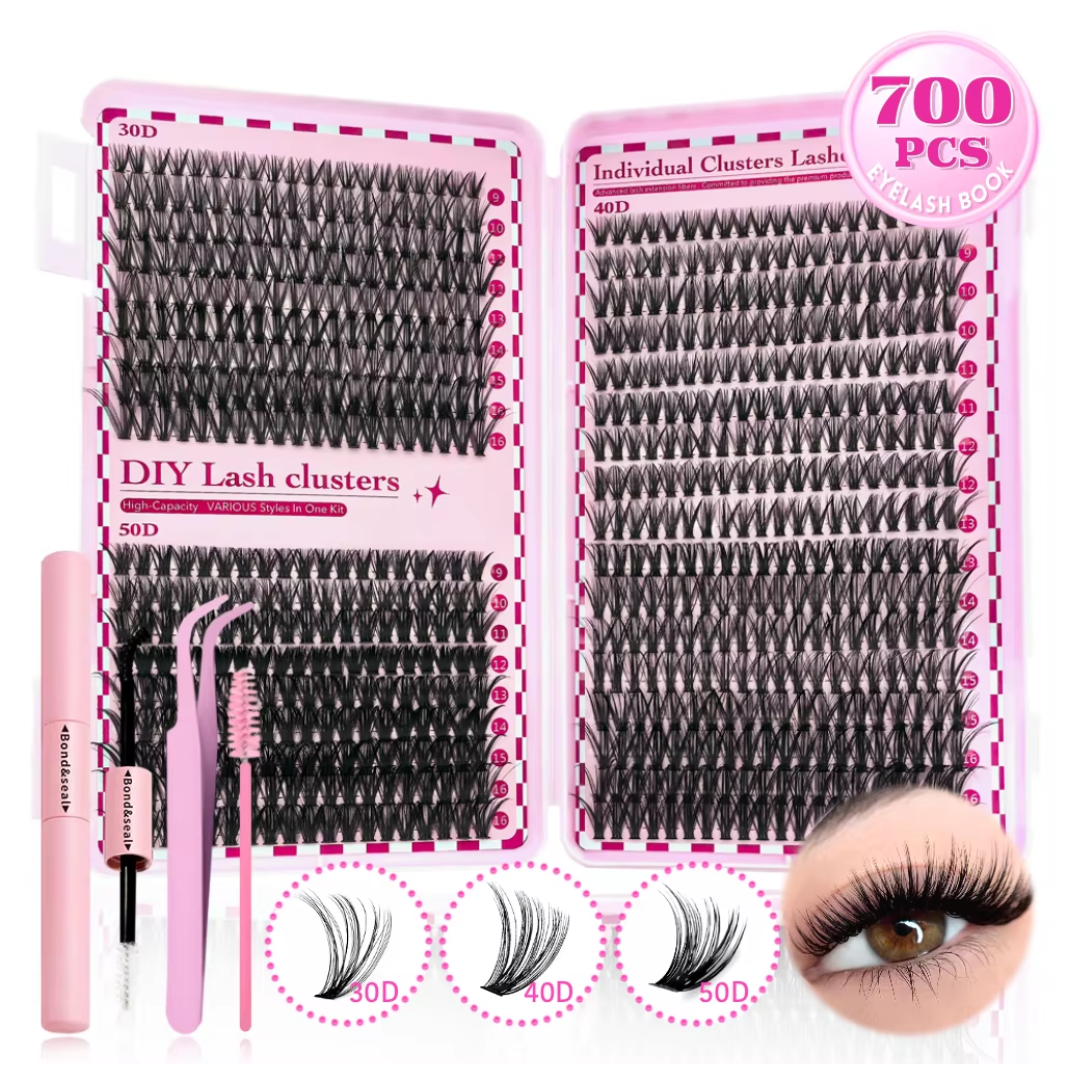 700PCS DIY Eyelash Extension Kit - 30D/40D/50D/80D Individual Lash Clusters - D-Curl Mixed Lengths 9-16mm