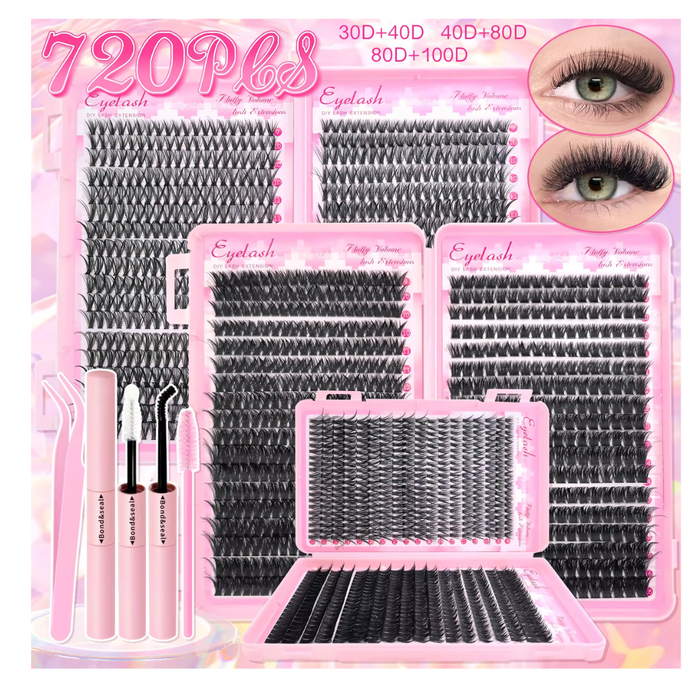 DIY Lash Extension Kit - 9-16mm Individual Cluster Lashes - Wispy Natural Manga Style - With Bond and Seal