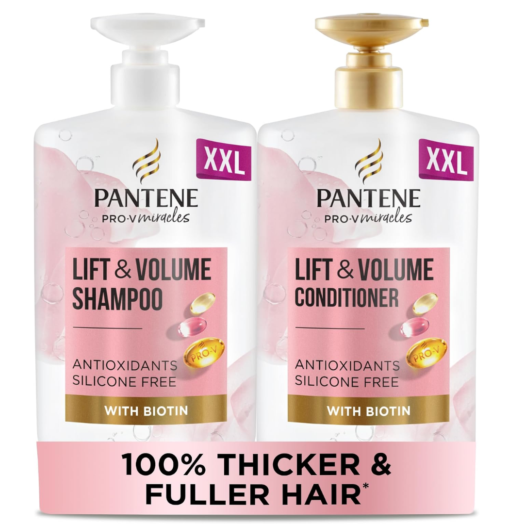 Pantene Hair Thickening Shampoo & Conditioner Set - Biotin & Rose Water Volume Value Pack (2 x 1000ml Pump Bottles)