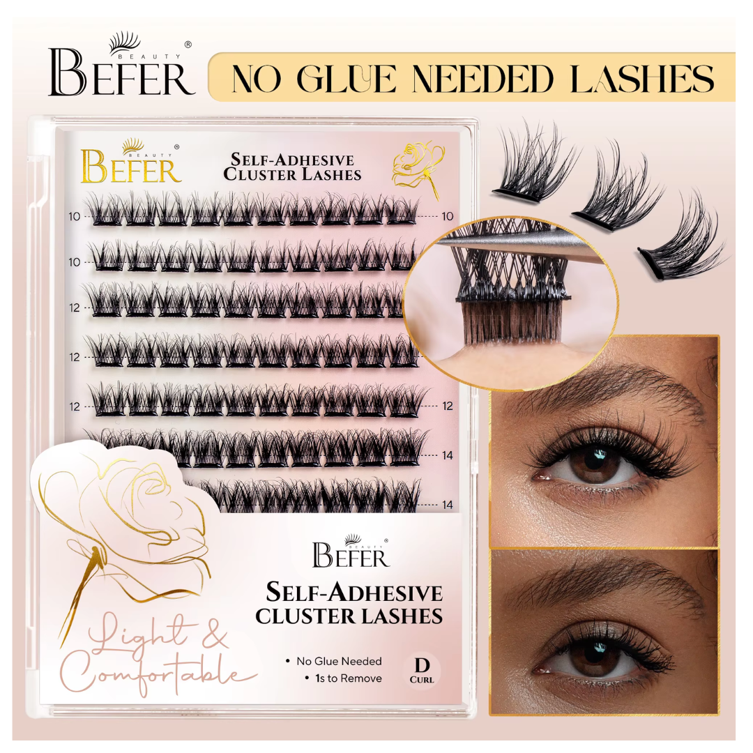Befer Self-Adhesive Lash Clusters - Pre-Glued No Glue Needed Manga Eyelashes - 120 Pcs Fluffy Clusters - D Curl 10-16mm
