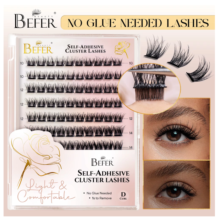 Befer Self-Adhesive Lash Clusters - Pre-Glued No Glue Needed Manga Eyelashes - 120 Pcs Fluffy Clusters - D Curl 10-16mm