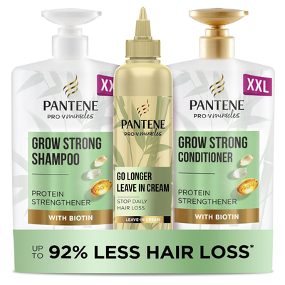 Pantene Grow Strong Shampoo, Conditioner & Leave-In Cream Set - Hair Growth & Anti-Hair Fall Trio - Biotin, Bamboo & Pro-V