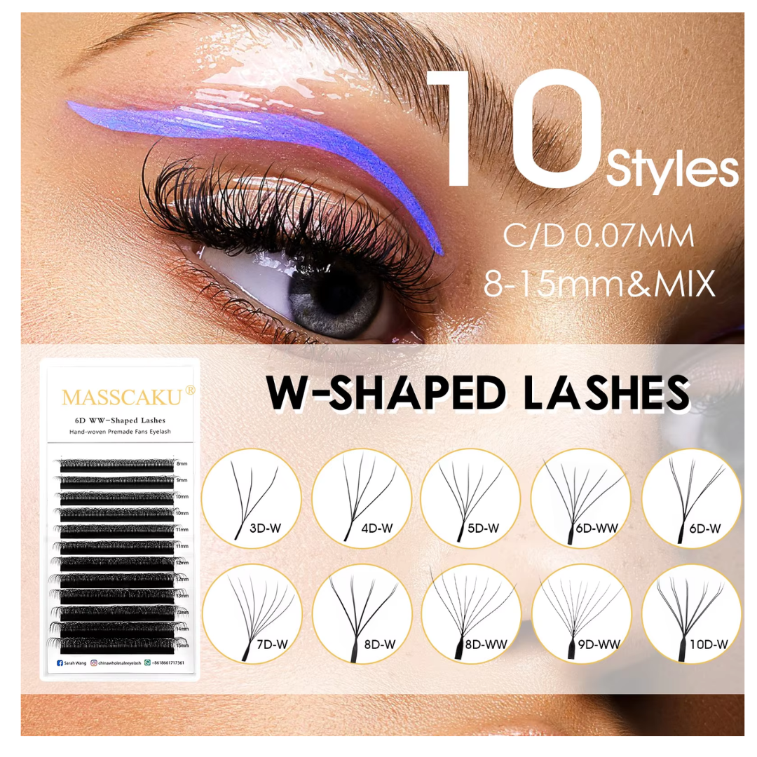MASSCAKU W Shaped Eyelash Extensions - 3D to 10D Premade Volume Fans - Natural Soft Lightweight Individual W Style - 0.07 C/D Curl 8-15mm