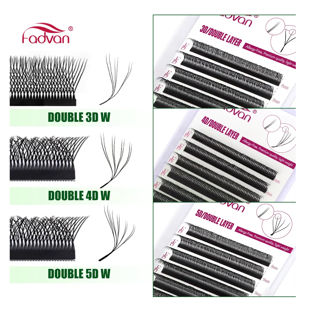 FADVAN 3D/4D/5D W Shaped Eyelashes Extensions - Double Tips Soft Light Volume Fanning Lashes - 0.07 C D Curl 8-15mm
