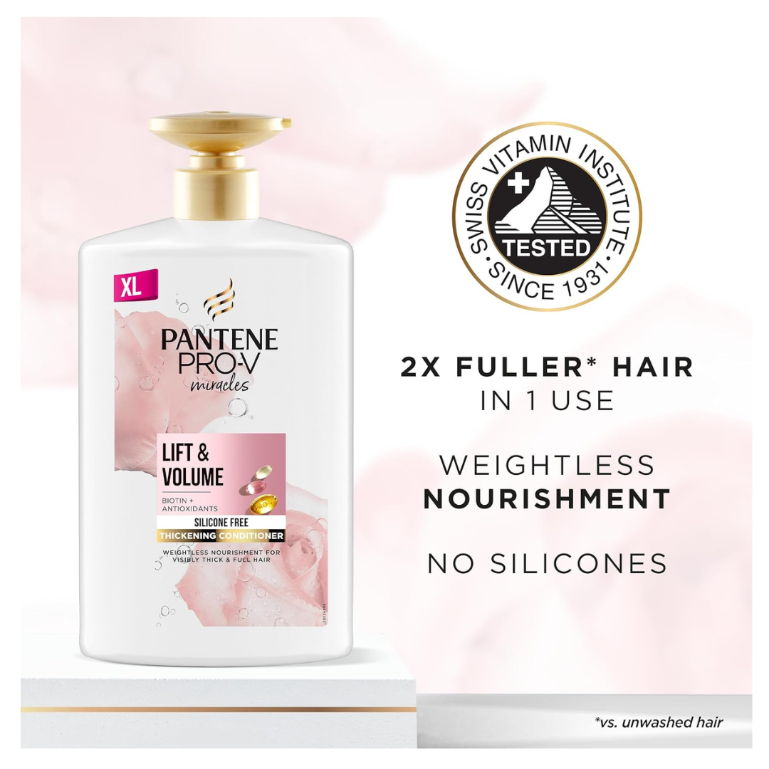 Pantene Hair Thickening Shampoo & Conditioner Set - Biotin & Rose Water Volume Value Pack (2 x 1000ml Pump Bottles)