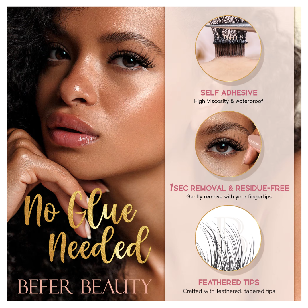 Befer Self-Adhesive Lash Clusters - Pre-Glued No Glue Needed Manga Eyelashes - 120 Pcs Fluffy Clusters - D Curl 10-16mm