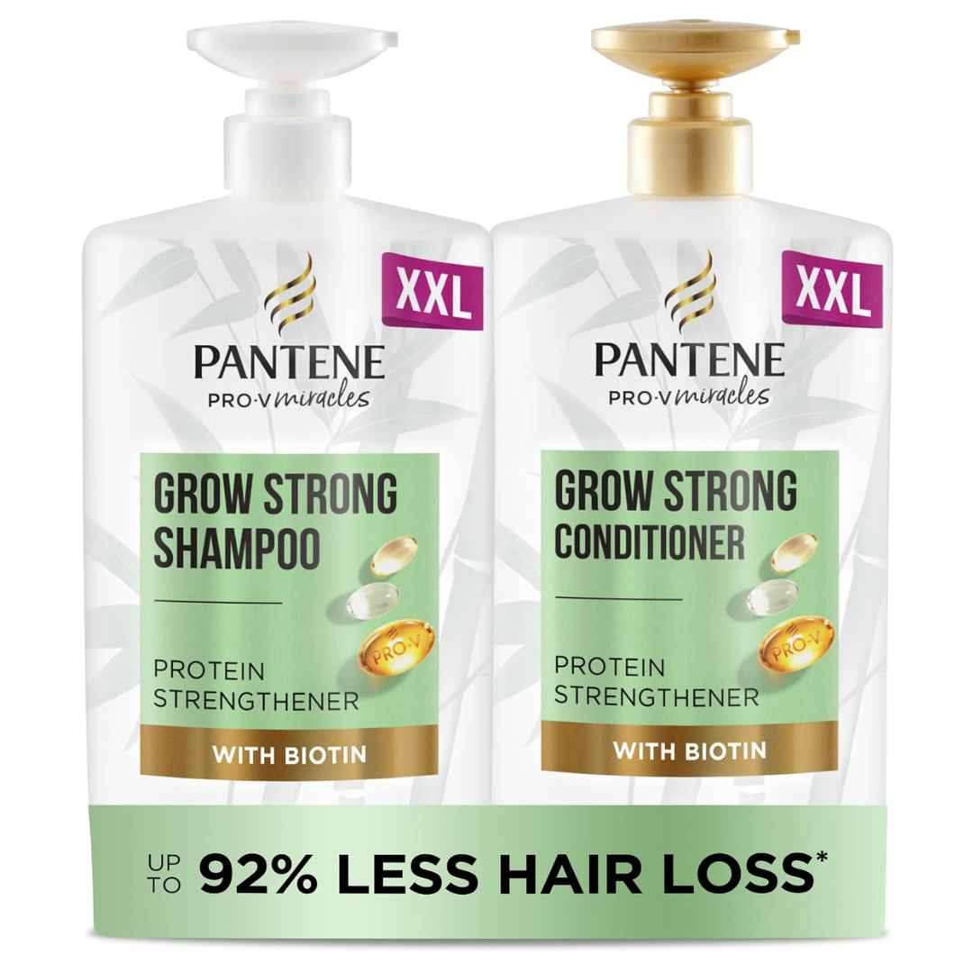 Pantene Grow Strong Shampoo & Conditioner Set - XL Hair Growth Value Pack with Bamboo & Biotin (2 x 1L Pump Bottles)