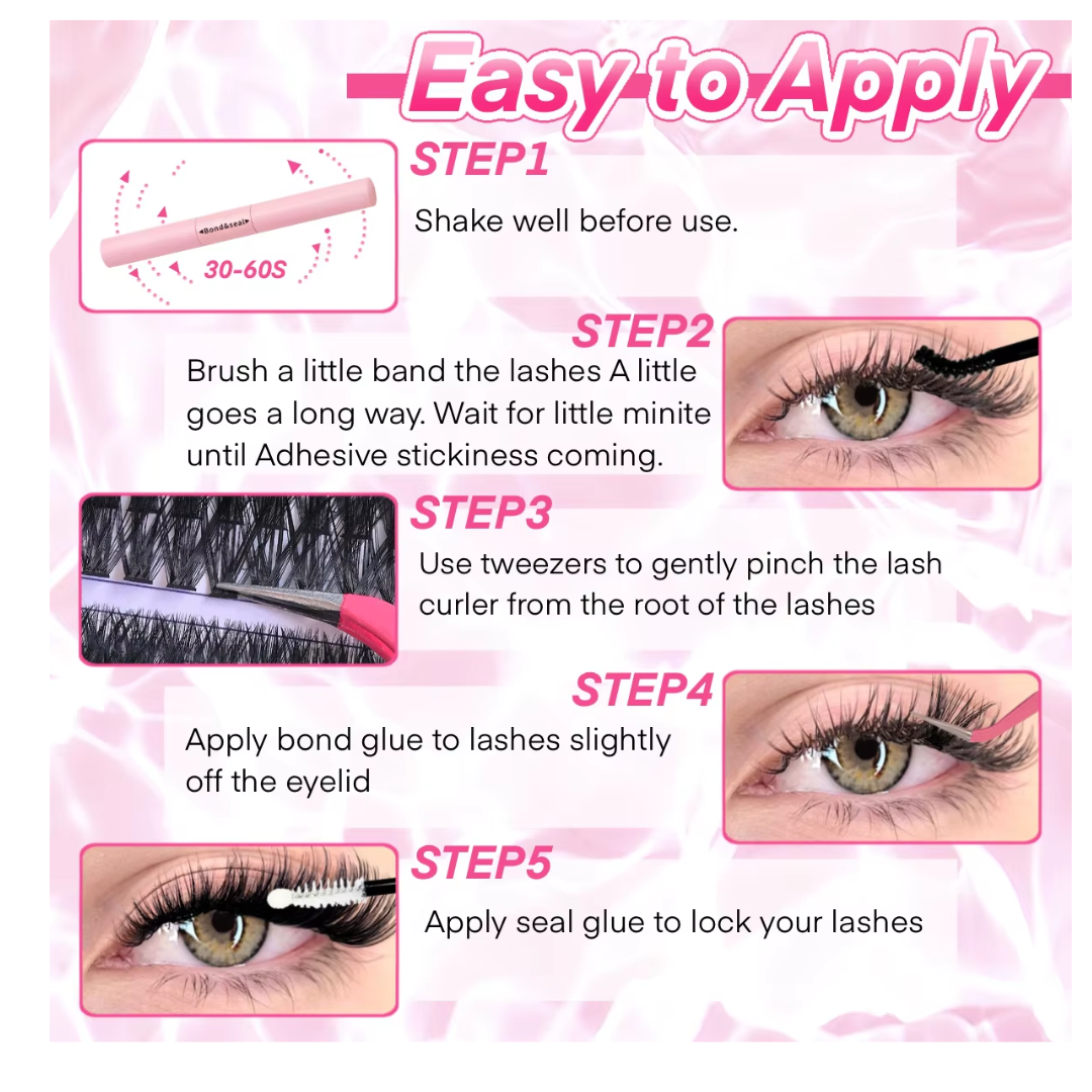 DIY Lash Extension Kit - 9-16mm Individual Cluster Lashes - Wispy Natural Manga Style - With Bond and Seal