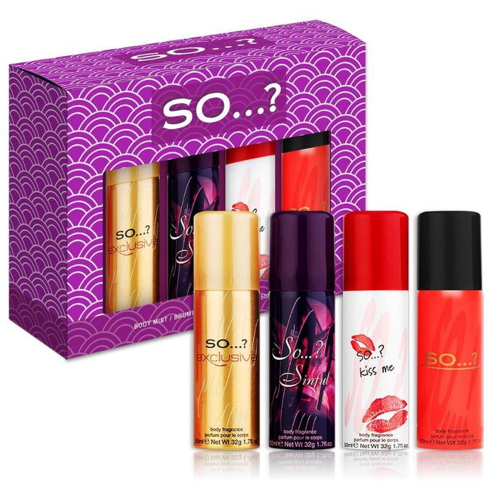 So…? Iconic Womens Mini Galore Gift Set, with SO…?, Kiss Me, Sinful & Exclusive Body Mist Fragrance Spray Set (4 x 50ml)