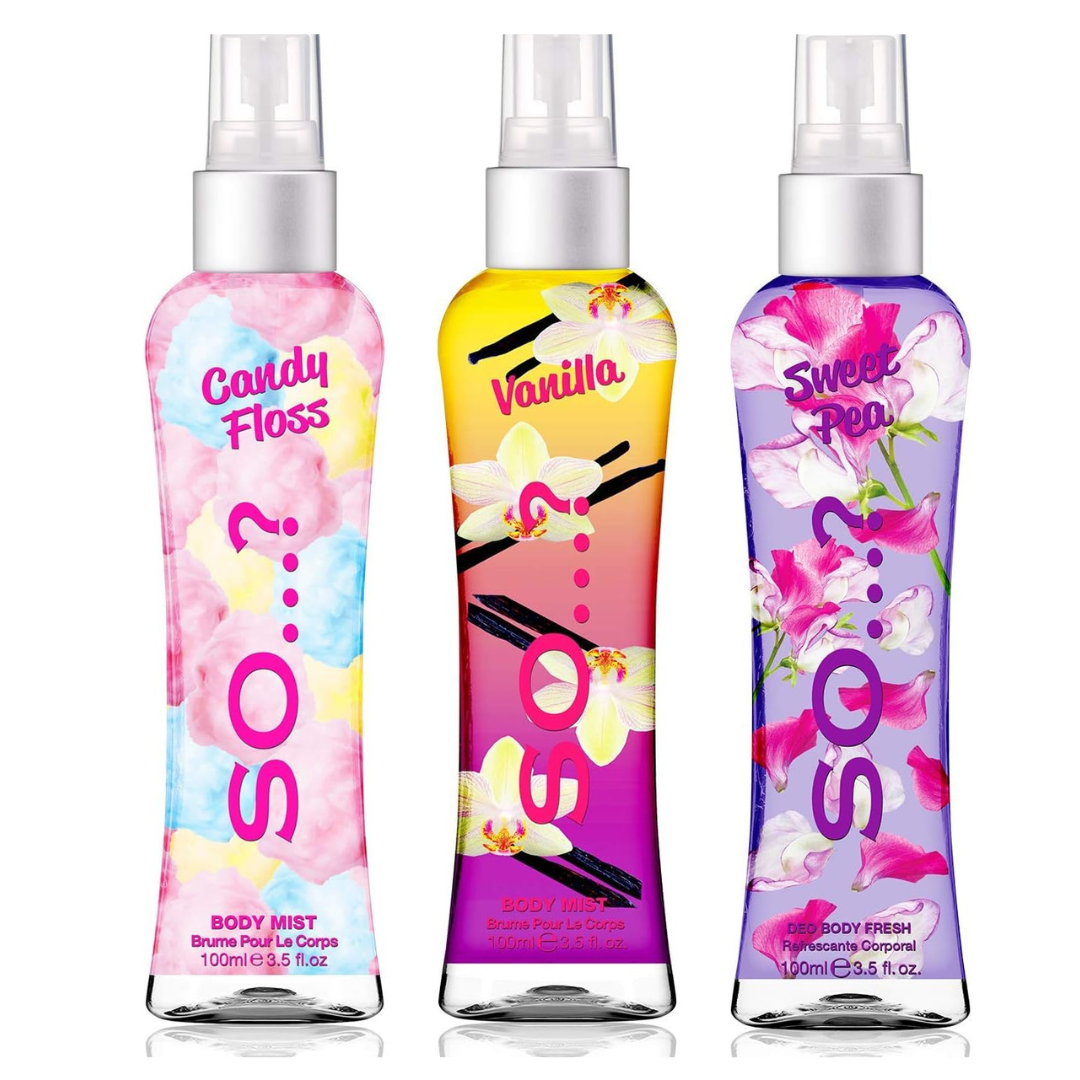 Body Mist by So…? Womens Candy Floss, Vanilla, Sweet Pea Body Spray Mixed Fragrance Bundle 100ml (Pack of 3)