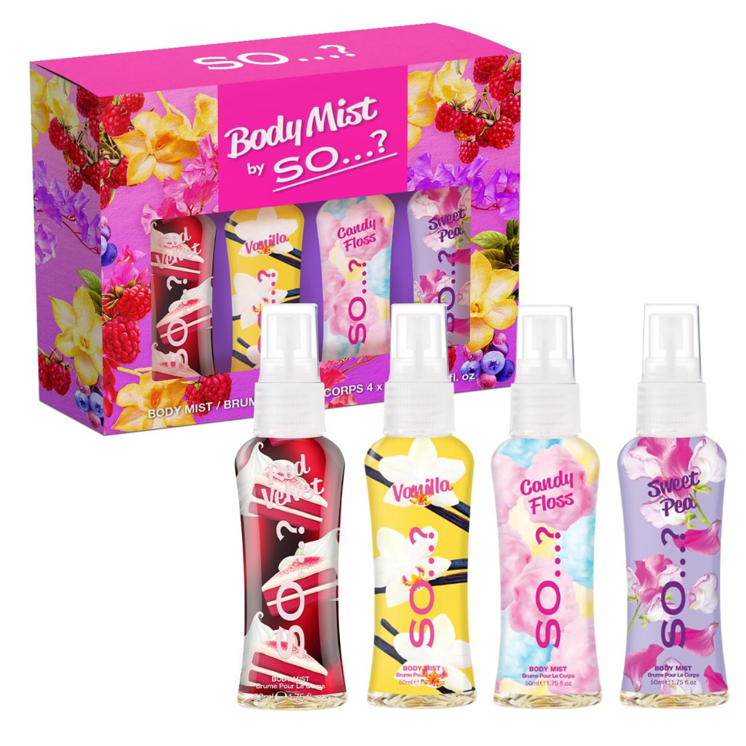 SO? Body Mist By So? Womens Mini Mist Body Mist Gift Set, with Red Velvet, Vanilla, Candy Floss & Sweet Pea, Fragrance Spray Set, (4x50ml)
