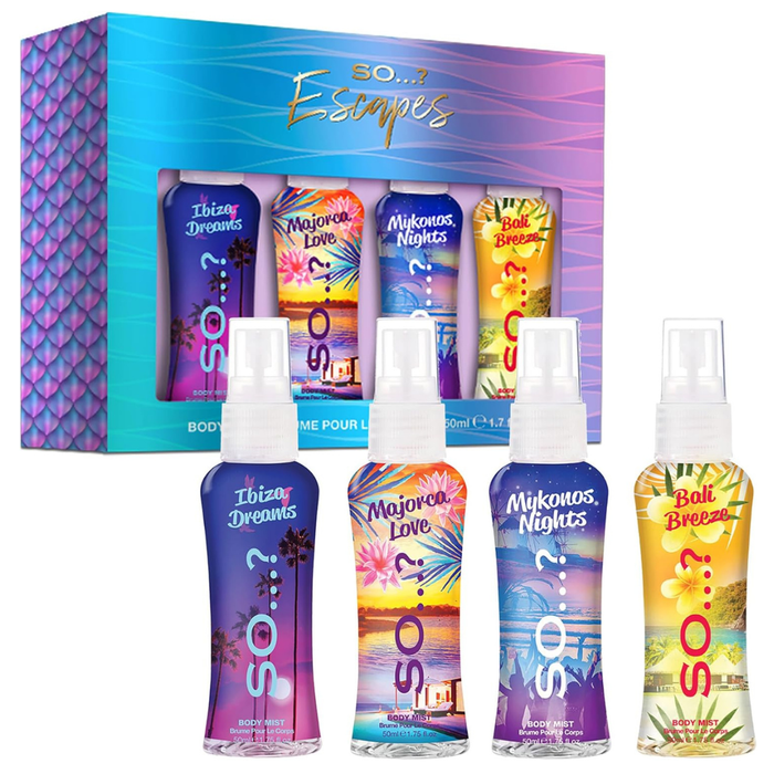 So…? Escapes Womens Gift Set, with Ibiza Dream, Bali Breeze, Mykonos Nights & Majorca Love, Fragrance Spray Set (4 x 50ml)
