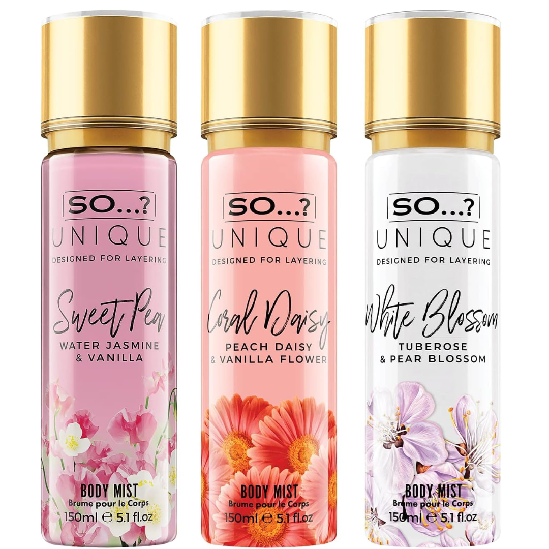 So…? Unique Womens Summer Breeze Bundle Sweet Pea, Coral, White Blossom Body Mist Spray Mixed Fragrance Set 150ml (Pack of 3)