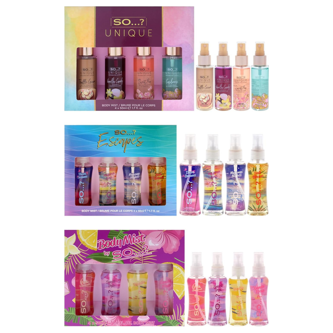 So…? Summer Escapes, Body Mist by So…? & Unique Womens Gift Sets Bundle, Body Mist Fragrance Spray (4x50ml) Pack of 3
