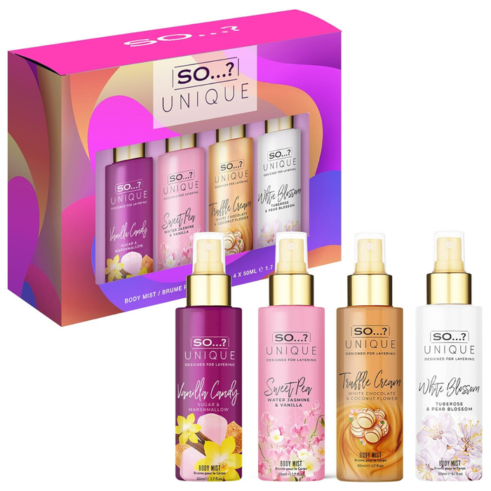 So…? Unique Mini Mist Womens Gift Set with Vanilla Candy, Sweet Pea, Truffle Cream, & Cashmere, Body Mist Fragrance Spray Set (4 x 50ml.)