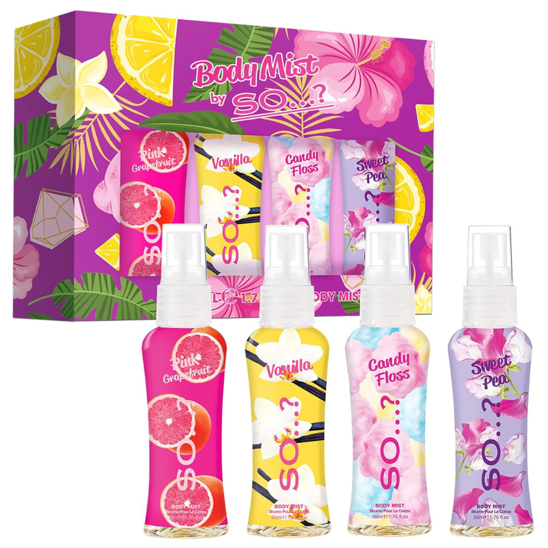 Body Mist By So…? Womens Mini Body Mist Gift Set, with Pink Grapefruit, Vanilla, Candy Floss & Sweet Pea, Fragrance Spray Set (4x50ml)