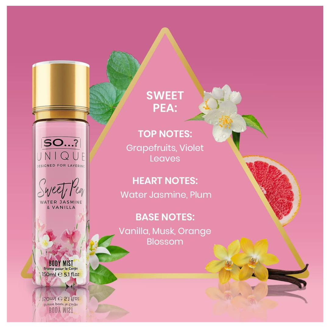 So…? Unique Womens Summer Breeze Bundle Sweet Pea, Coral, White Blossom Body Mist Spray Mixed Fragrance Set 150ml (Pack of 3)