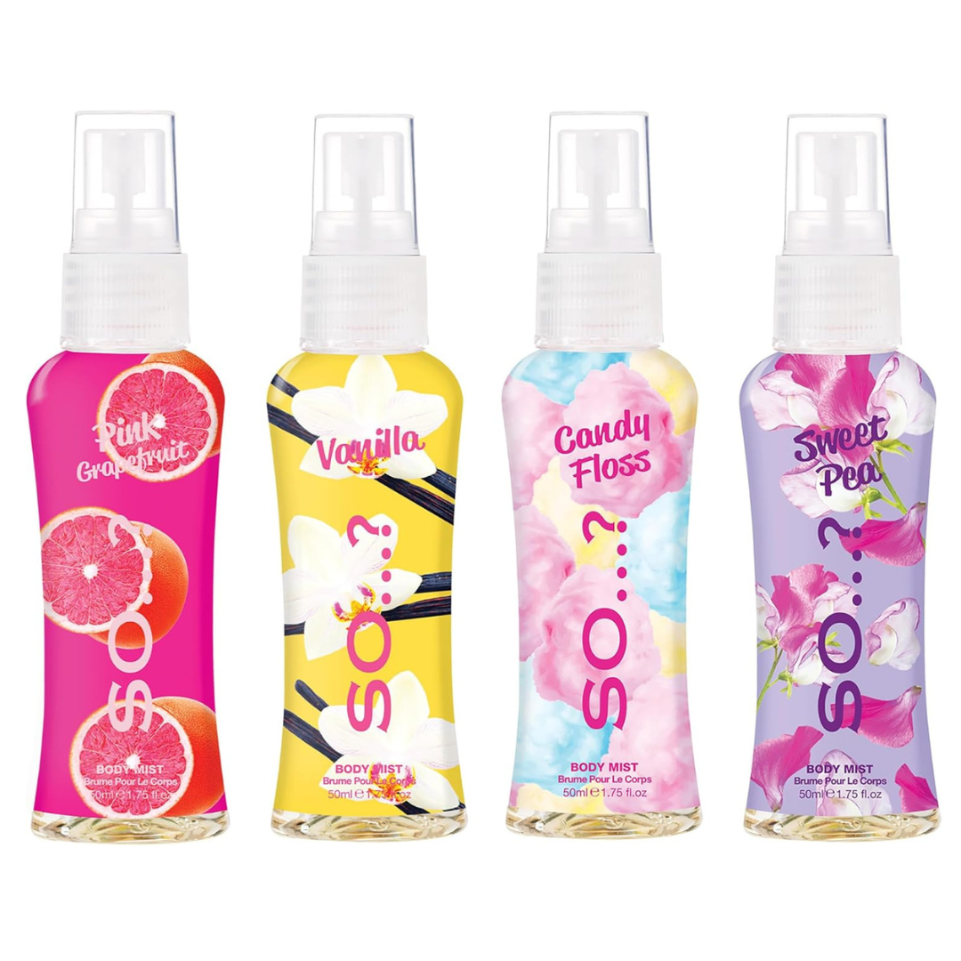 Body Mist By So…? Womens Mini Body Mist Gift Set, with Pink Grapefruit, Vanilla, Candy Floss & Sweet Pea, Fragrance Spray Set (4x50ml)
