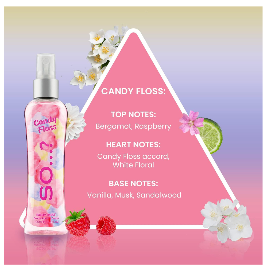 Body Mist by So…? Womens Candy Floss, Vanilla, Sweet Pea Body Spray Mixed Fragrance Bundle 100ml (Pack of 3)