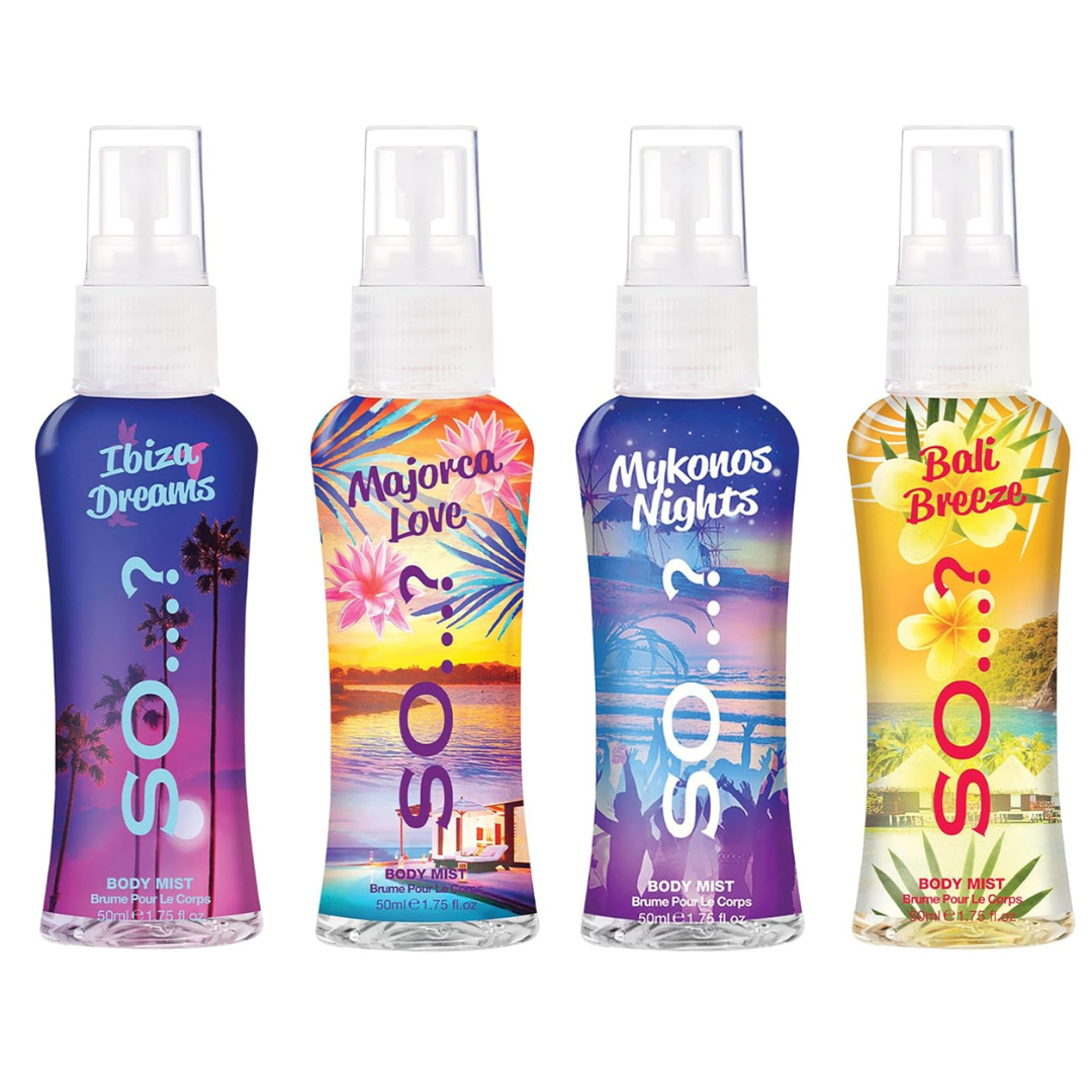 So…? Escapes Womens Gift Set, with Ibiza Dream, Bali Breeze, Mykonos Nights & Majorca Love, Fragrance Spray Set (4 x 50ml)