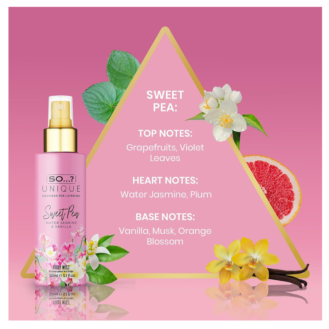 So…? Unique Mini Mist Womens Gift Set with Vanilla Candy, Sweet Pea, Truffle Cream, & Cashmere, Body Mist Fragrance Spray Set (4 x 50ml.)