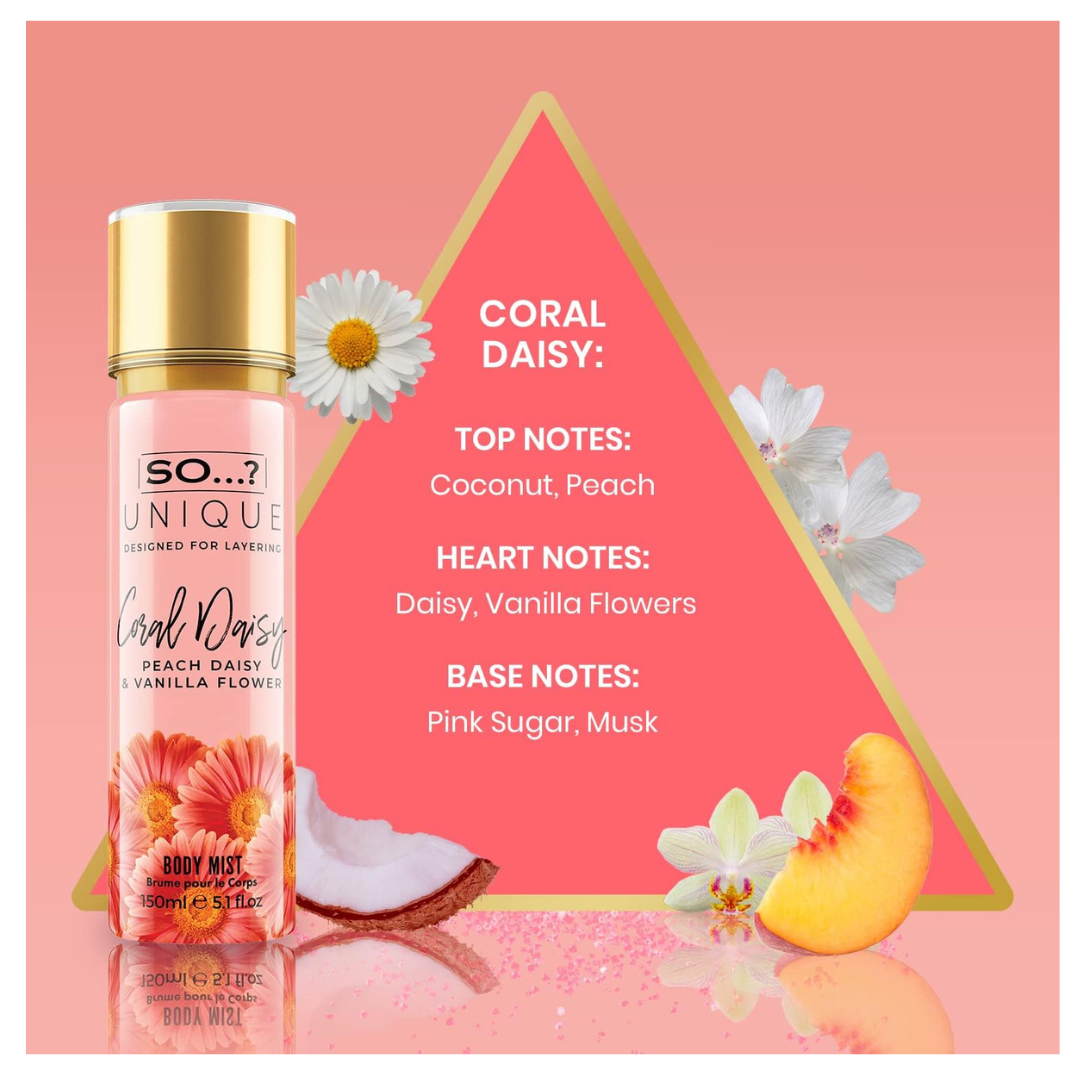 So…? Unique Womens Summer Breeze Bundle Sweet Pea, Coral, White Blossom Body Mist Spray Mixed Fragrance Set 150ml (Pack of 3)