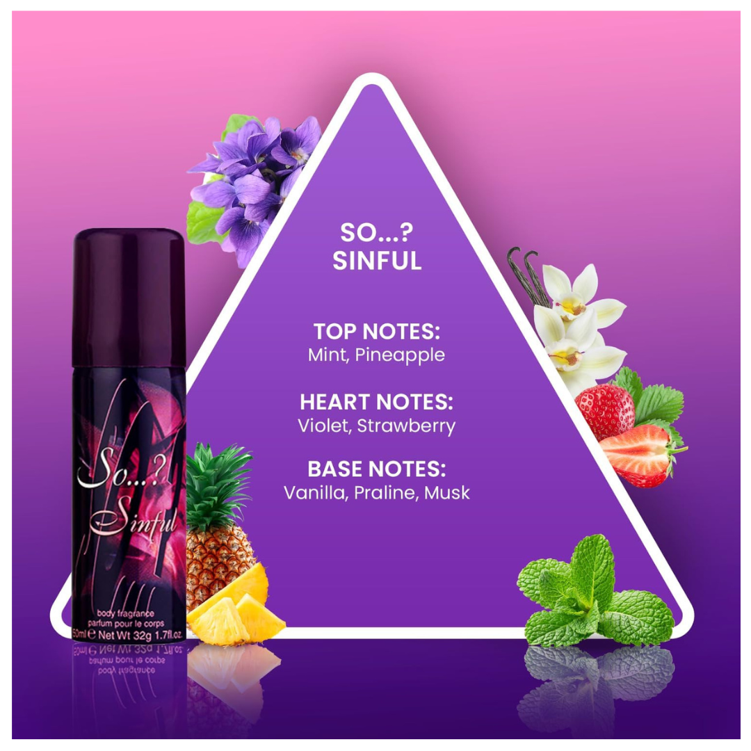 So…? Iconic Womens Mini Galore Gift Set, with SO…?, Kiss Me, Sinful & Exclusive Body Mist Fragrance Spray Set (4 x 50ml)